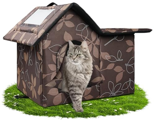 WHDPETS Katzenhütte Outdoor Winterfest Isoliert, Katzenhöhle für Draußen Katzenhütte Outdoor Winterfest Wasserdicht, Abnehmbarem Transparentem Vorhang (Braun)