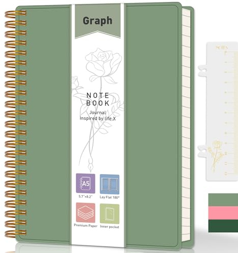 XLOXFU Kariertes Notizbuch, A5, kariert, 160 Seiten, 100 g/m² dickes Papier, mit Lesezeichen-Lineal, Innentasche, dicker 80er-Jahre-PVC-Einband, für Büro, Schule, 14,5 x 21 cm, Salbeigrün