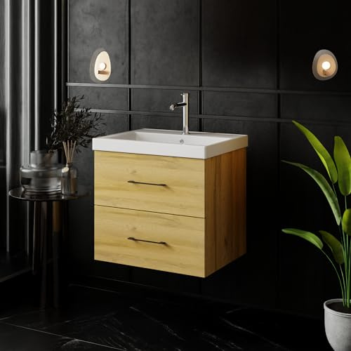 Karen Waschtisch mit Unterschrank Verona | Keramikwaschbecken | Unterschrank | Badmöbel | Aufsatzwaschbecken | Konsolenwaschtisch | Mediterran Stil | Badezimmer | Eiche (Verona 60)