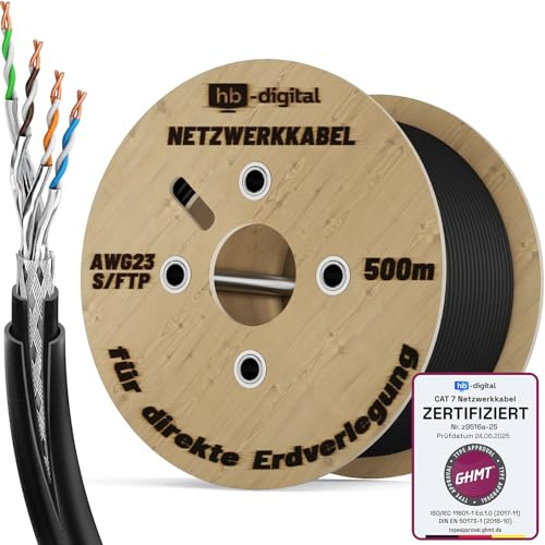 HB-DIGITAL Cable de red para exteriores (cat. 7, 500 m, para instalación directa a tierra, S/FTP AWG23/1, cobre puro, doble revestimiento, PVC + LLDPE, resistente al agua, PoE 10 Gbps, cable Ethernet