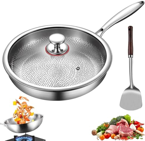 Sartén martillada de titanio puro Pro, sartén martillada de acero inoxidable Pro, sartenes de hierro antiadherentes físicas, resistentes a los arañazos, calentamiento uniforme (26 cm con tapa)