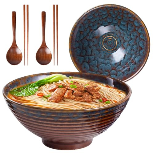 Tazones ramen de 1200 ml, de cerámica, 20 cm, para servir, con palillos y cucharas para microondas, lavavajillas y horno (estilo cola pavo)