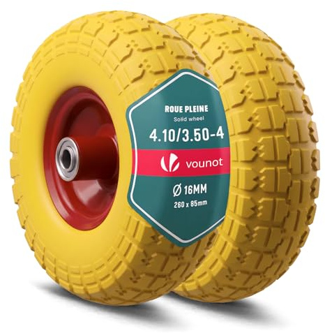 VOUNOT® Set da 2 Ruote Antiforatura 3.50-4 in PU 260x85mm, Ruota Carriola Piena Foro 16 mm con Cuscinetti a Sfere, Ricambio per Carrello, Carretto e Rimorchio da Giardino, Gialla
