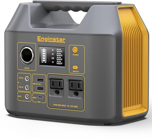 EnginStar Centrale elettrica portatile, generatore solare da 300 W, 110 V 296 Wh, due prese CA a onda sinusoidale pura, batteria al litio da 80000 mAh, per campeggio, viaggi, viaggi, camper, caccia