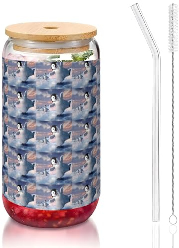 YBGHDAA Happy Penguin Printing - Vaso de cristal con tapas y popote, 16 onzas, ideal para whisky, cerveza, té
