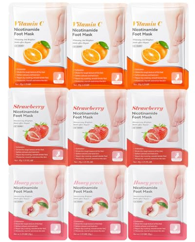 IKOPFLN 9 Paia di Maschera Piedi Esfoliante,Maschera Piedi Idratante,Per Secchi e Screpolati Cura dei Piedi(Pesca +Arancia + Fragola)