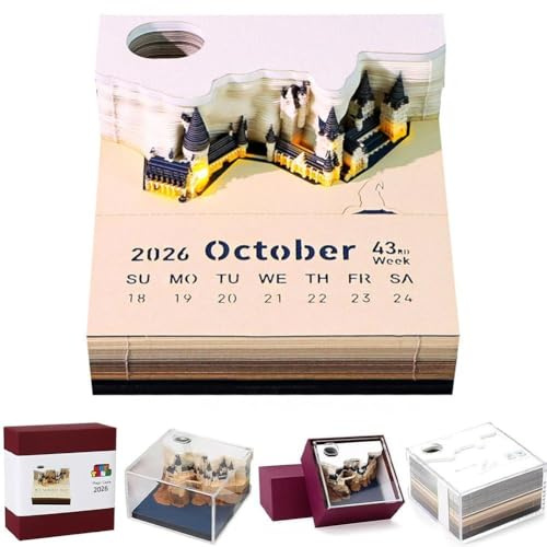 Calendario da scrivania 3D 2026, con castello magico strappabile, in carta, calendario da scrivania 3D, blocco note 2026, planner settimanale con luce, elegante decorazione da scrivania per casa e