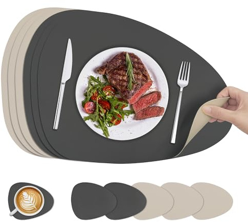 KitchenBoss Tovagliette Americane Lavabili e Sottobicchieri: Set di 6 Tovagliette Colazione Tovaglietta Bifacciale Per Cucine, Tavoli da Pranzo e Uffici, Grigio Antracite + Beige, 40x30cm