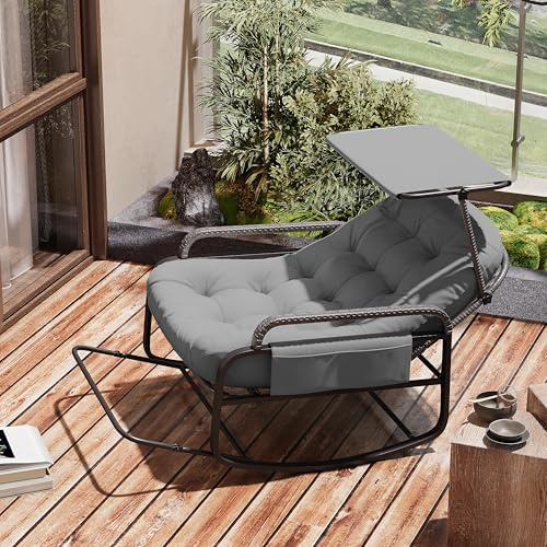 Schaukelstuhl Mit Sonnenschutz, Schaukelsessel Rattan Outdoor Mit Gepolsterter, Klappbare Fußstütze, Verstellbare Rückenlehne, Seitentaschen, Bis 300 Kg Belastbar Für Garten Wohnzimmer Balkon (Grau)