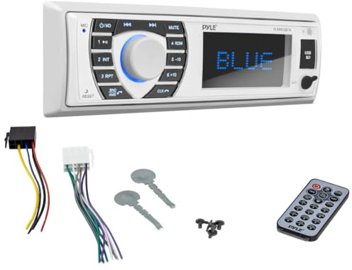 KIT SET PER PYLE PLRMR23BTW, autoradio 1 din, ricevitore am/fm, stereo, aux/usb/mp3/wma, con bluetooth, marino, per barca, gommone, 1 pezzo + accessori omaggio