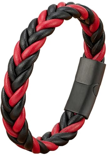 Braccialetti Da Uomo In Pelle Intrecciata Con Chiusura Magnetica, Rosso E Nero, Bracciale In Corda Di Pelle Intrecciata, Braccialetto Largo, Gioielli Da Polso, Regali Per Uomo, Festa Del Papà, Nero