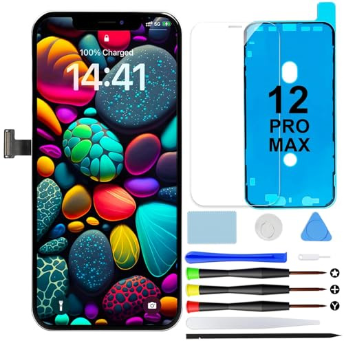 Écran pour iPhone 12 Pro Max 6,7 LCD Remplacement Ecran Touch Digitizer | Kit de réparation avec outils, joint étanche et verre trempé, écran Retina LCD avec prise en charge True Tone et Face ID
