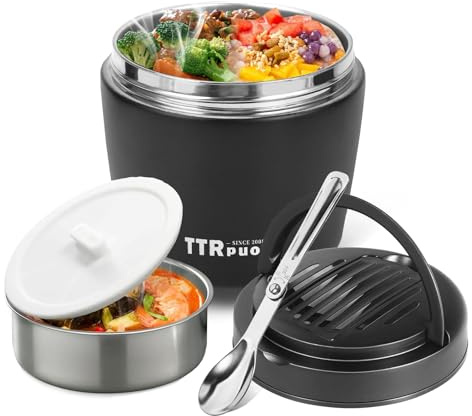 TTrpuon Food Flasks for Hot Food, Thermal Food Flask Jar Lunch Box Stainless Steel Leak Proof Soup Thermal, Wide Mouth Soup Thermos with Folding Spoon for Office Picnic Travel Outdoors(Ink Black)