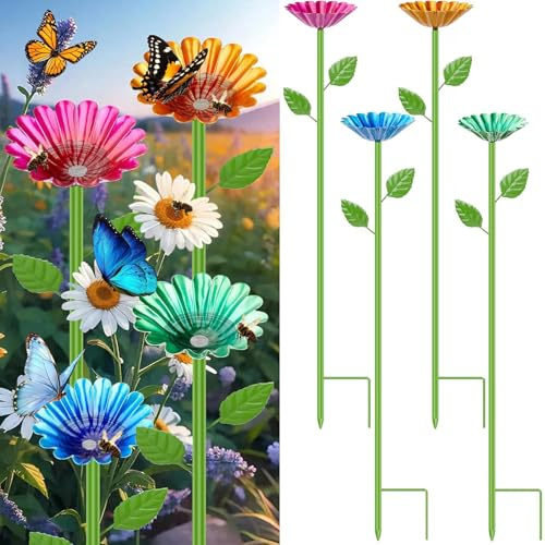 ZONSUSE Bienentränke für den Garten, Insektentränke für Bienen & Schmetterlingstränke, Metall Blume Wasserschale, Wetterfester Gartenstecker Deko Geschenk für Gärtner (4 Stück)