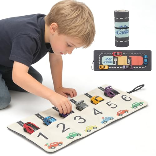 RZYLKA Portable Toy Car Storage Roll and Playmat - Travel Car Carrier Organizer Case for 6 Small Cars - Compatible with Hot Wheels & Matchbox, Toddler Quiet Play Activity Mat for Airplane