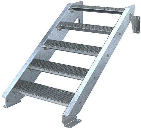 Außentreppe 5 Stufen 70 cm Laufbreite - ohne Geländer - Anstellhöhe variabel von 83 cm bis 100 cm - Gitterroststufe ST2 - feuerverzinkte Stahltreppe mit 700 mm Stufenlänge als montagefertiger Bausatz