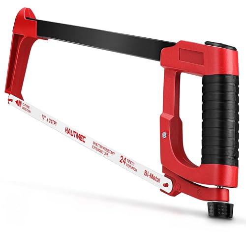 HAUTMEC 12-Inch Adjustable Tension Hacksaw with Blade Storage, 45°/90° Cutting Angles, High Tension Steel Frame & 24 TPI Bi-Metal Blade for Metal, PVC, Wood – HT0015