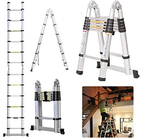 12.5FT 3.8 Metre Telescoping Extension Ladders Multi Function A-Shape 1.9M+1.8M Extendable Folding Stepladder Aluminium Collapsible EN131-330LB Max Load