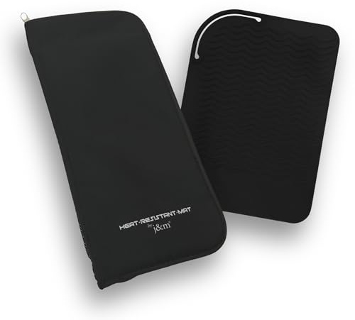Hair Straightener Silicone Mat & Pouch Pack by j&m- with Heat Proof Mat for Curling Tongs/Wands/Irons - Fits ghd, BaByliss & Larger Straighteners - Zip-Up All-in-One Compact Travel Case