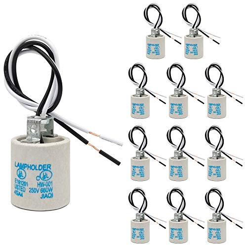 New orange heart Ceramic E26/E27 Light Socket with 12-inch Wire Lead - Medium Screw Bulb Holder for Halogen, Incandescent & LED Bulbs (12 Pack)