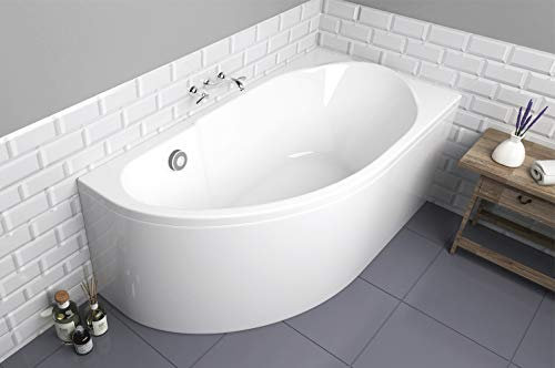 ECOLAM® Badewanne Eckbadewanne Acryl Miki Polimat weiß 145x85 cm RECHTS + Schürze Ablaufgarnitur Ab- und Überlauf Automatik Füße Silikon Komplett-Set
