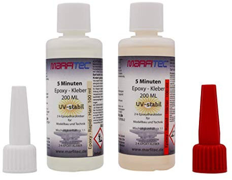 marfitec© 5-Minuten-Epoxy UV-stabil 200ml (Epoxidharz 100ml, Epoxidhärter 100ml) 2 Komponenten Kleber auf Epoxidharz Basis, 2K Kleber mitUV Beständigkeit