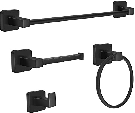DEGULAS Bathroom Hardware Set 4 Pieces,Stainless Steel Matte Black Towel Bar Set, Includes 24In Towel Bar, Towel Ring, Robe Towel Hooks,Toilet Paper Holder, Bathroom Towel Rack Set
