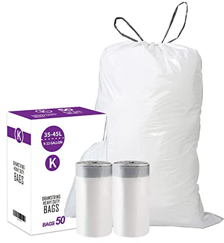 Code K (50 Count) 9-12 Gallon Heavy Duty Drawstring Plastic Trash Bags Compatible with simplehuman Code K | 1.2 Mil | White Drawstring Garbage Liners 9-12 Gallon/35-45 Liter