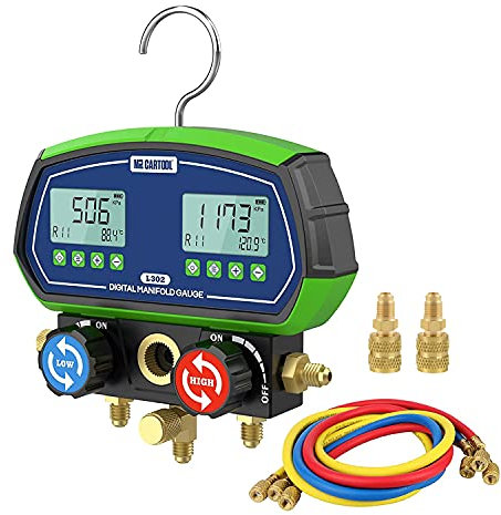 MR CARTOOL L302 Manometre Climatisation Voiture Numérique Manifold Manomètre Réfrigération Jauge avec 3 Flexibles 90 Fluides Frigorigènes pour Climatisation R32 R410A