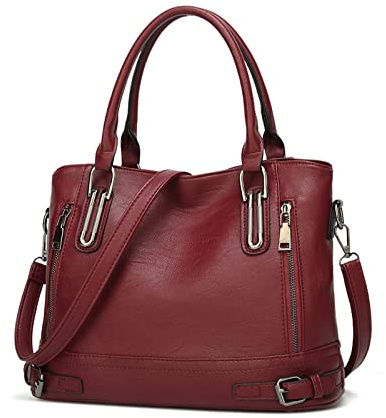 FANDARE Leichte Handtschasche Vintage Schultertasche Damen Umhängetasche Frauen Schulranzen PU Leder Wasserdicht für Shopper Reisen Arbeitstasche Messenger Tote Bags Weinrot