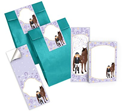 Junapack 12 Lesezeichen + 12 Mini-Notizblöcke + 12 Geschenktüten (Petrol) + 12 Aufkleber Mädchen mit Pferd Mitgebsel Gastgeschenk beim Kindergeburtstag Mädchen