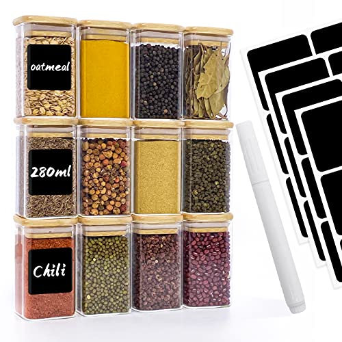 Withosent 280ml Barattoli Vetro Set di 12, Barattoli Spezie Cucina, Contenitori Alimentari Vetro con Coperchio di Legno, Impilabile Vasetti Vetro Piccoli per Spezie, Zucchero, Pepe