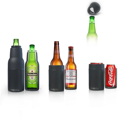 Malolu 4 In 1 Beer Can Cooler, Stainless Steel Double Wall Insulated Can Cooler for 12oz Cans & Beverage, Slim Freezable Vacuum Insulated Beer Bottle Cooler with Bottle & Can Opener
