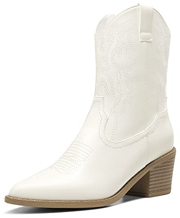 DREAM PAIRS Stivaletti da Donna Stivali da Cowboy Stivali Western da Donna con Tacco Grosso e Punta a Punta ,Size 37,Bianco,SDAB2219W