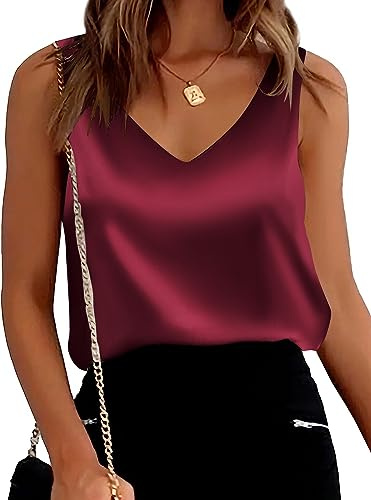 Mawor Satin Tank Tops for Women Loose Fit Sleeveless V Neck Cami Camisole Blouses Shirt Top, 935_Wine Red, XL
