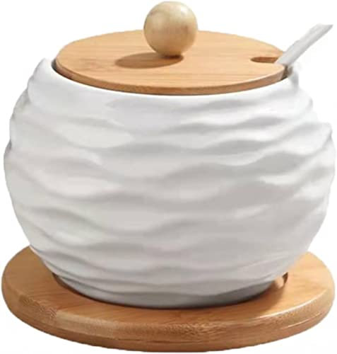 Azucarero con tapa y cuchara Azucarero de cerámica para el hogar y la cocina Dispensador de azúcar blanco Frasco para servir Frasco para almacenamiento de cocina para azúcar Sal Especias y más-11.8