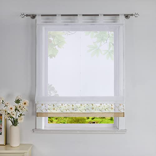 Heichkell Raffrollo mit Schlaufen Voile Transparent Vorhang mit Blumen Stickrei Bestickt Raffgardine für Küche und Wohnzimmer Sand BreitexHöhe 140x150 cm
