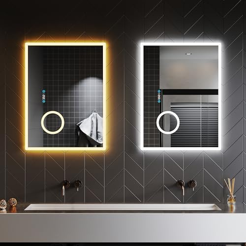 SONNI 80x60 cm Badspiegel mit Beleuchtung Kaltweiß/Neutralweiß/Warmweiß Light LED Badspiegel mit Touch-Schalter, 3-fache Vergrößerung, Uhr, Temperatur multifunktionell Wandspiegel