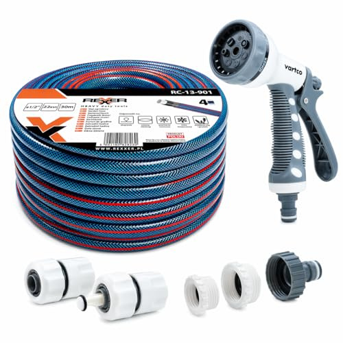 REXXER Gartenschlauch-Set 30 m, 1/2 Zoll, 4-lagig, 7-fach Sprühpistole | UV-beständig, flexibel, 7-fach Sprühpistole, Schnellkupplungen, Wasserhahnanschluss