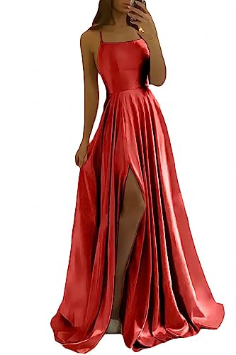 xxxiticat Robe de Bal Longue Élégante en Satin - Mariée, Soirée Sexy, Dos Nu, Spaghetti, Princesse, Demoiselle d'Honneur