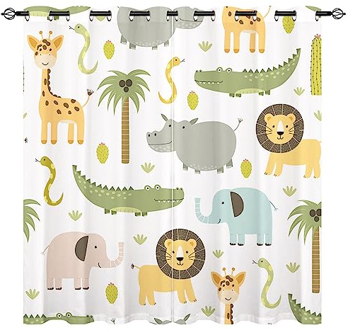 YUANZU Tier Vorhänge Krokodil Löwe Elefant Giraffe Ösen Gardinen mit Blickdichte Thermo Vorhang Kälteschutz Blackout Curtain Kinderzimmer Schlafzimmer Verdunkelung Fenster, 2 Stück, H 160 x B 106 cm