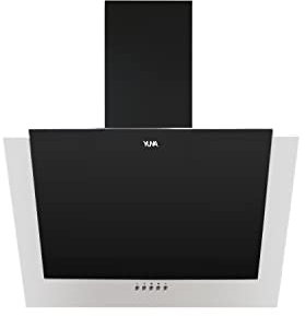 YUNA Dunstabzugshaube JULINA | 60 cm Einbaubreite | Kopffreie Schräghaube | Abluft | Umluft | 3 Leistungsstufen | Wandmontage | Schwarze Glas- und Edelstahlfront | 594m³/h Luftstrom