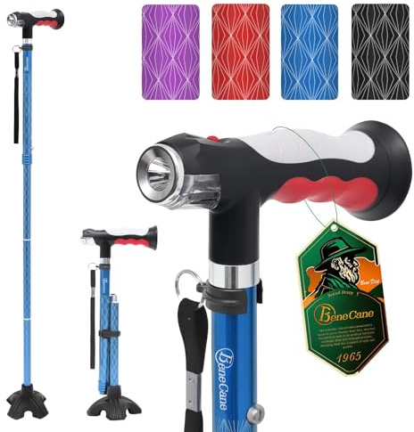 BeneCane Gehstock mit Zwei LED-Leuchten für Männer und Frauen, höhenverstellbarer Spazierstock mit Stabiler Basis, zusammenklappbarer Stock mit T-Griff, leicht & stabil
