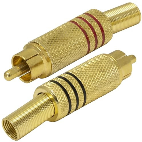 AERZETIX - C69012 - Satz von 2 gerade RCA-Stecker männlich 50 mm mit kabelschutzfeder und 3 rot-schwarzen markierungsringen - zum löten - goldfarben