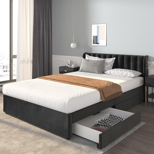 Daesar Doppelbett 140x200 Samt, Polsterbett mit Schubladen, Jugendbett mit Lattenrost Rückenlehne, Funktionsbett Stauraumbett Bett Schwarz