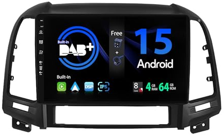 SXAUTO - Built-in DAB - Android 15 IPS Autoradio für Hyundai Santa FE (2006-2012) - Eingebaut Carplay/Android Auto - LED Kamera + MIC - 4G+64G - 360-CAM Lenkradsteuerung Fast-Boot WiFi - 2 Din 9 Zoll