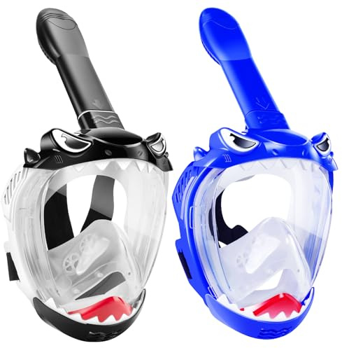 Full Face Snorkel Mask for Kids, Kids Snorkeling Set 180 Degree Panoramic View, Safe Anti-Leak Anti-Fog, Foldable Dry Top Snorkeling Gear for Kids Adult, Advanced Breathing System, 2 Pack