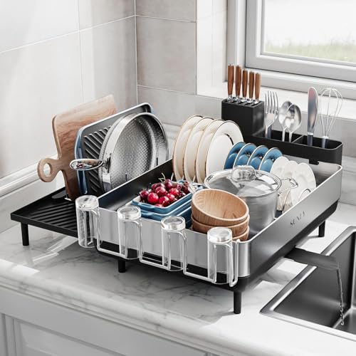 SUNLY Large Dish Drying Rack, Expandable Dish Racks for Kitchen Counter, Space Saving 304 Stainless Steel Drying Rack Kitchen, Extra Large Drainer with Multifunctional Flip Up Pegs, Black