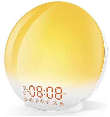 MOJNSERGU Sveglia con Simulazione Dell'alba, Doppio Allarme, Radio FM, 7 Luci Notturne, 7 Suoni, Snooze, Luce di Risveglio, Macchina del Sonno a Rumore Bianco per Bambini, Adulti
