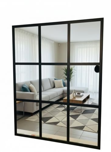 THEROSE Espejo Ventana, Espejo Industrial, Aluminio Negro 90 x 70 cm (Negro)